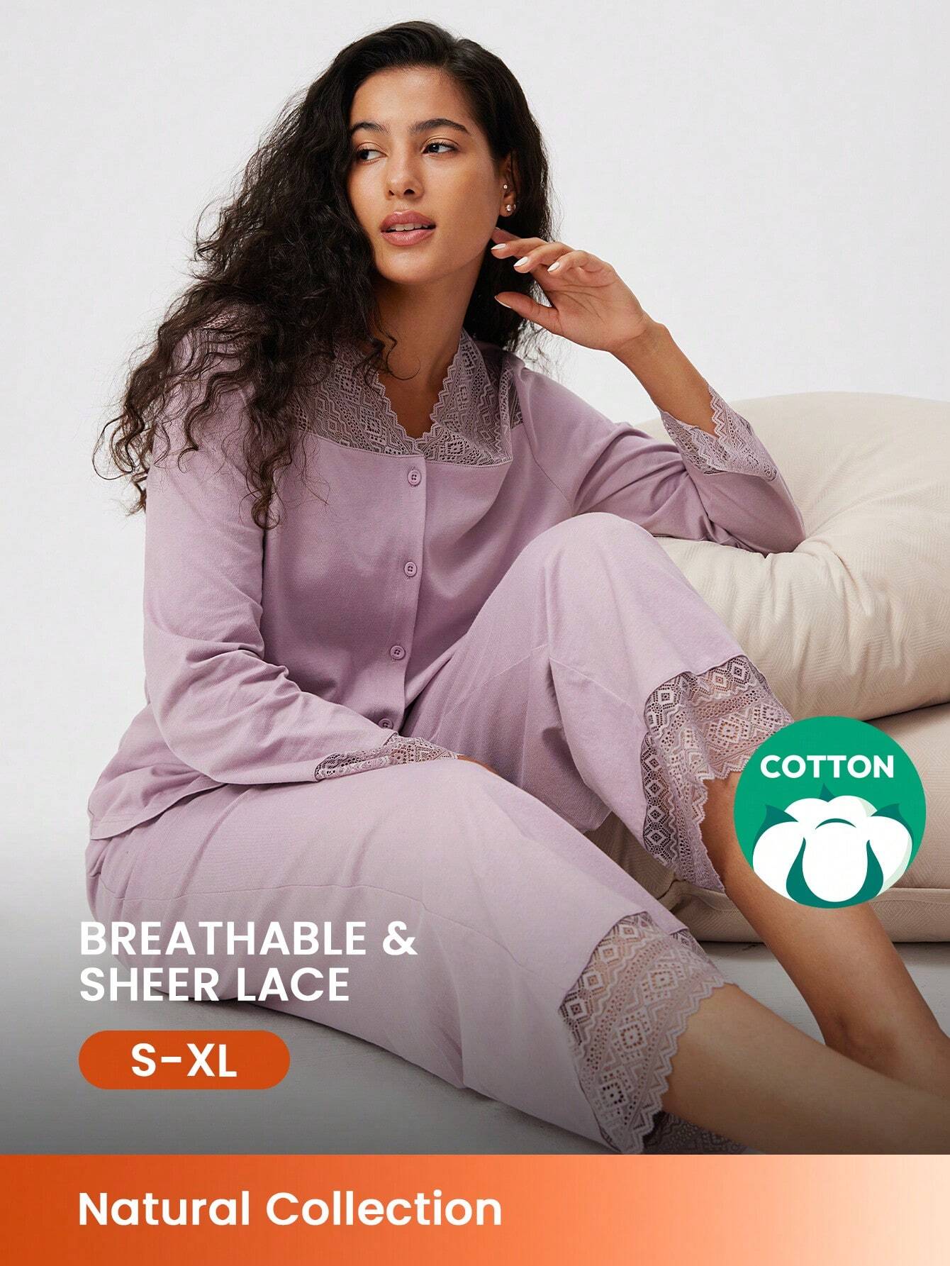Ensemble de pyjama femme en coton 100% pur doux et violet, avec dentelle élégante et longue. Ensemble de vêtements de détente avec dentelle pour femmes, vêtements d'automne, pyjamas en coton