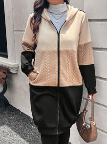 SHEIN Frenchy 大码拼色前开连帽长款运动衫 - 彩色 - 查看 6