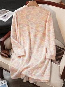 SHEIN Essnce Women Rainbow Long-Sleeved Mid-Length Cardigan Colorful Gradient Fluffy Knitted Cardigan Coat With Drawstring, Long Sleeve And Dual Pockets