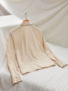 SHEIN Essnce Solid Button Down Shirt, Women Collared Long Sleeve Blouse - Apricot - View 2