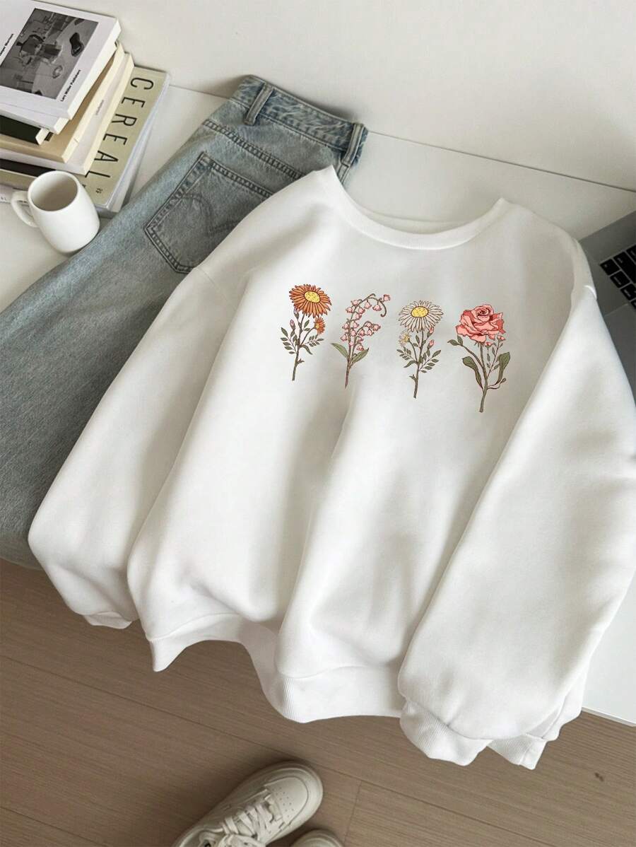 SHEIN Essnce Áo nỉ cổ tròn in họa tiết hoa nhỏ giản dị, rộng rãi, dày, cỡ lớn, mùa thu/đông - trắng - Xem 1