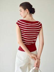 MOTF PREMIUM STRIPED PATTERN GOLD BUTTON SHOULDER BATWING SLEEVE WIDE HEM KNIT TOP - Red and White - View 5