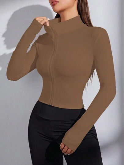 Easithlete Chaqueta deportiva casual de manga larga con cierre frontal de unicolor