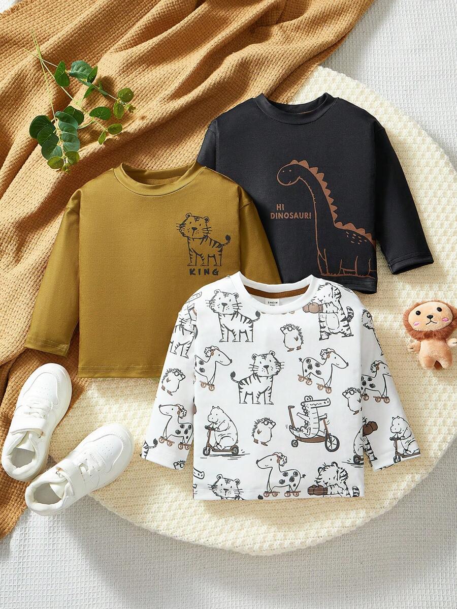 SHEIN 3pcs Pack Infant Baby Boys Casual Comfortable Dinosaur Print Long Sleeve Top, Fall/Winter