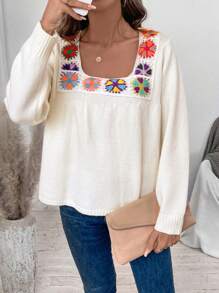 SHEIN LUNE Square Neck Floral Embroidery Long Sleeve Sweater, Random Flower Color Knit Pullover Fall Winter Outfit