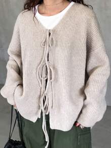 FRIFUL Áo khoác cardigan dệt kim nơ cho nữ có lớp lót giữ nhiệt, dày, mùa thu đông - Màu be - Xem 1