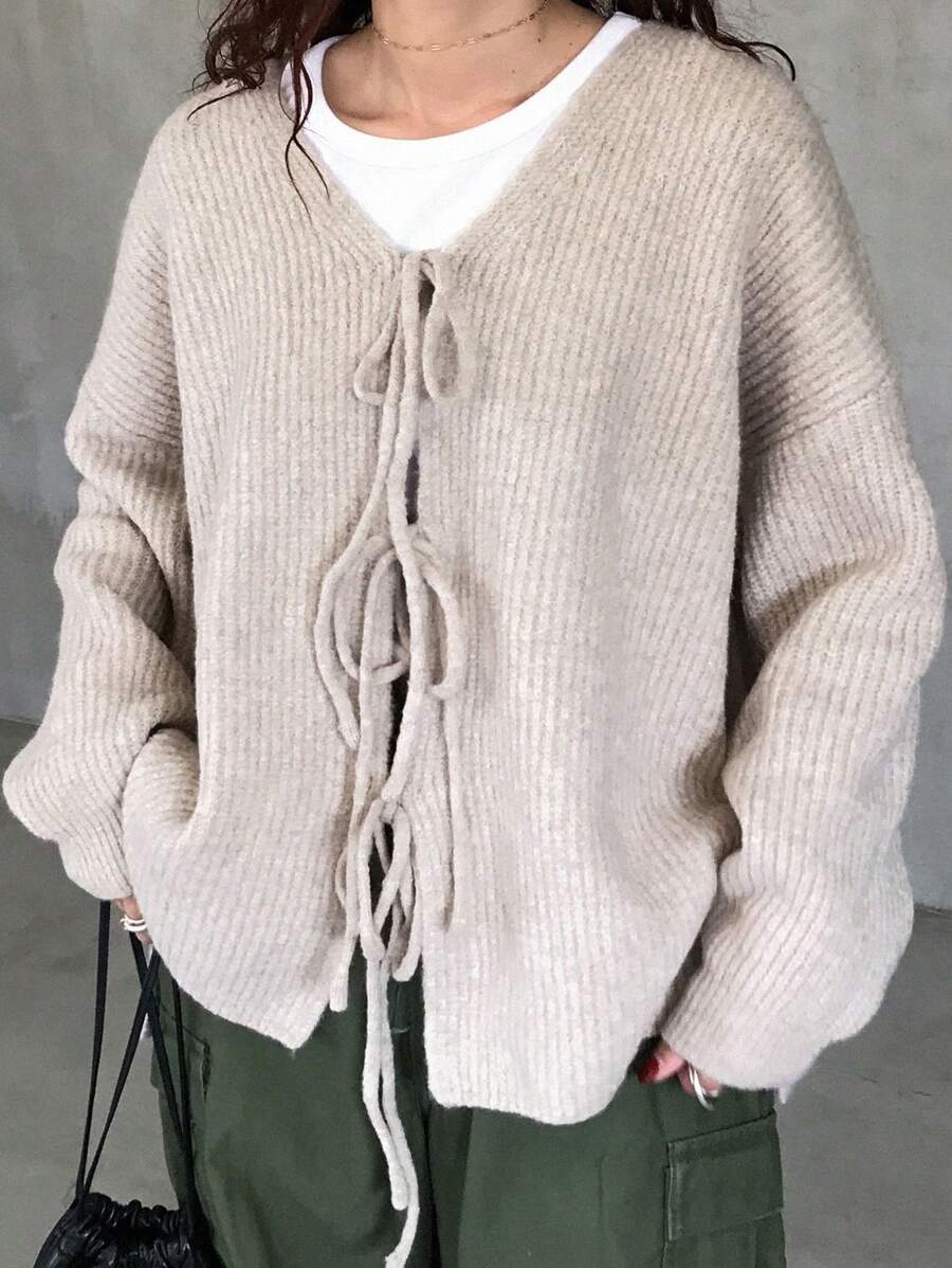 FRIFUL Áo khoác cardigan dệt kim nơ cho nữ có lớp lót giữ nhiệt, dày, mùa thu đông - Màu be - Xem 1