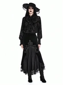 ROMWE Goth 哥特式吸血鬼宫廷风格中性款植绒透明女式衬衫 - 黑色 - 查看 4