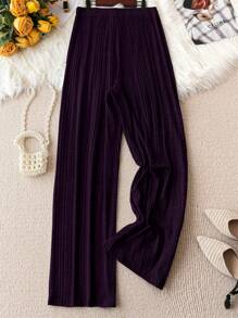 SHEIN LUNE 加大码弹性腰部直腿休闲宽松舒适裤子 - 紫色 - 查看 2