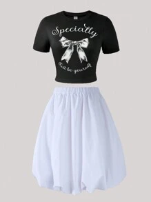 SHEIN 2 Stücke Set aus engem kurzen T-Shirt und Bud Rock für Teenager Mädchen, Schleifenmuster, Sommer