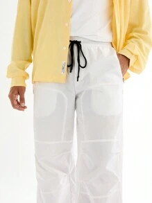 Mainfolk Men's Woven Casual Loose Straight Leg Pants, Elastic Waist, Solid Color - White - View 4