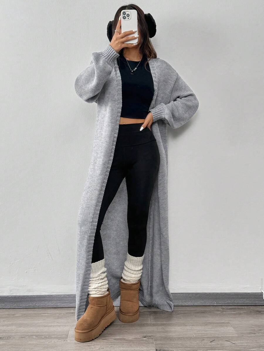 SHEIN EZwear Áo khoác cardigan dài màu xám cho nữ, mùa thu, áo tay dài. - Xám - Xem 1
