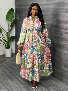 Slaydiva 大碼花卉印花燈籠袖連身裙 - 彩色 - 查看 3