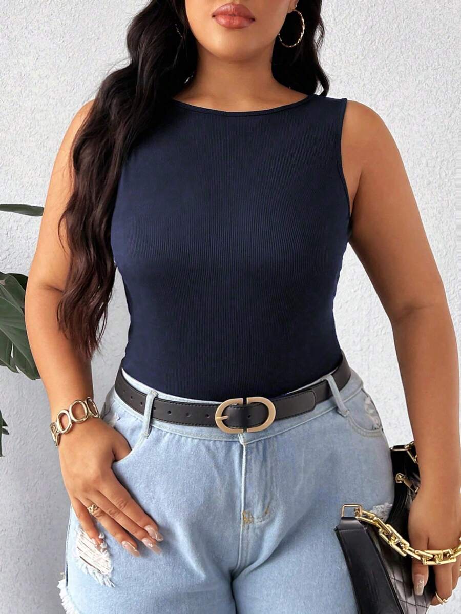 Calvaya Áo ba lỗ không tay màu trơn cỡ lớn dành cho nữ - Màu xanh hải quân - Xem 1