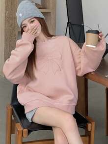 DAZY Áo nỉ dài tay cổ tròn thêu nơ cho nữ thường ngày - Hồng - Xem 6