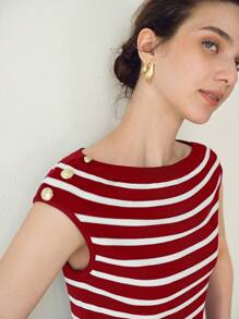 MOTF PREMIUM STRIPED PATTERN GOLD BUTTON SHOULDER BATWING SLEEVE WIDE HEM KNIT TOP - Red and White - View 2