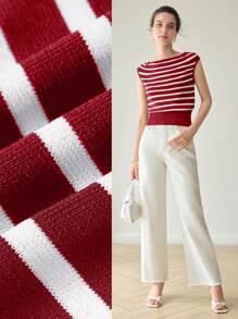 MOTF PREMIUM STRIPED PATTERN GOLD BUTTON SHOULDER BATWING SLEEVE WIDE HEM KNIT TOP - Red and White - View 8
