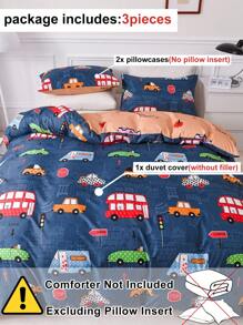 3 件汽车图案印花羽绒被套套装，可爱卡通返校宿舍床上用品套装，四季皆宜，柔软透气，可机洗（1 个羽绒被套 + 2 个枕套）