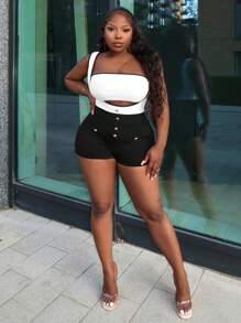 Slaydiva Bộ áo liền quần cài nút kim loại tương phản màu đen và trắng thanh lịch - E - Đen và trắng - Xem 1