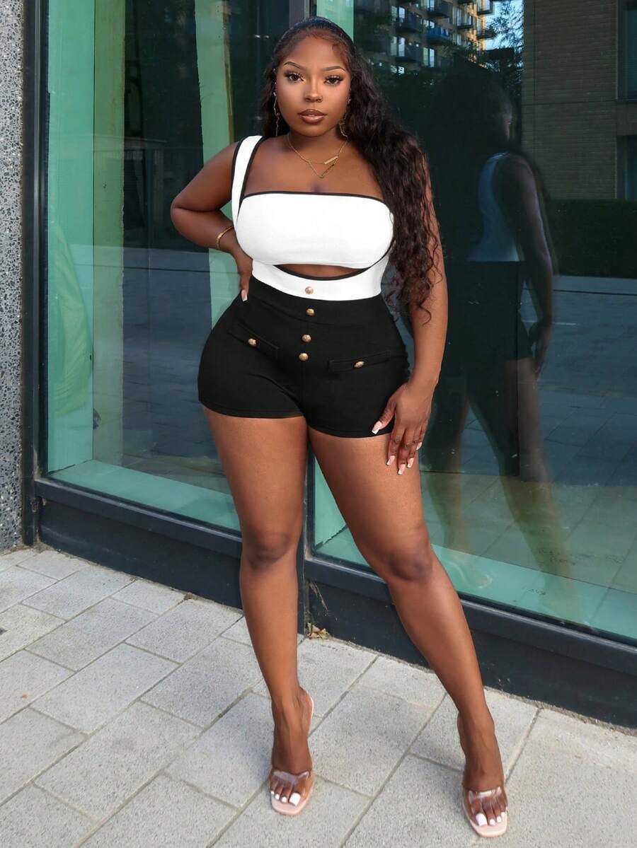 Slaydiva Bộ áo liền quần cài nút kim loại tương phản màu đen và trắng thanh lịch - E - Đen và trắng - Xem 1