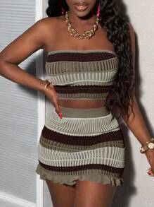 Slaydiva 2pcs/Set Women's Strapless Cropped Knit Bandeau Top + Gradient Color Ruffle Hem Mini Skirt Festival & Vacation Outfits In Fall/Winter - Coffee Brown - View 7