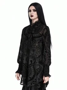 ROMWE Goth 哥特式吸血鬼宫廷风格中性款植绒透明女式衬衫 - 黑色 - 查看 1