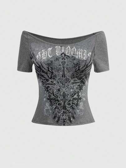Goth Women's Summer Casual Short Sleeve Off Shoulder Letter & Cross Print T-Shirt