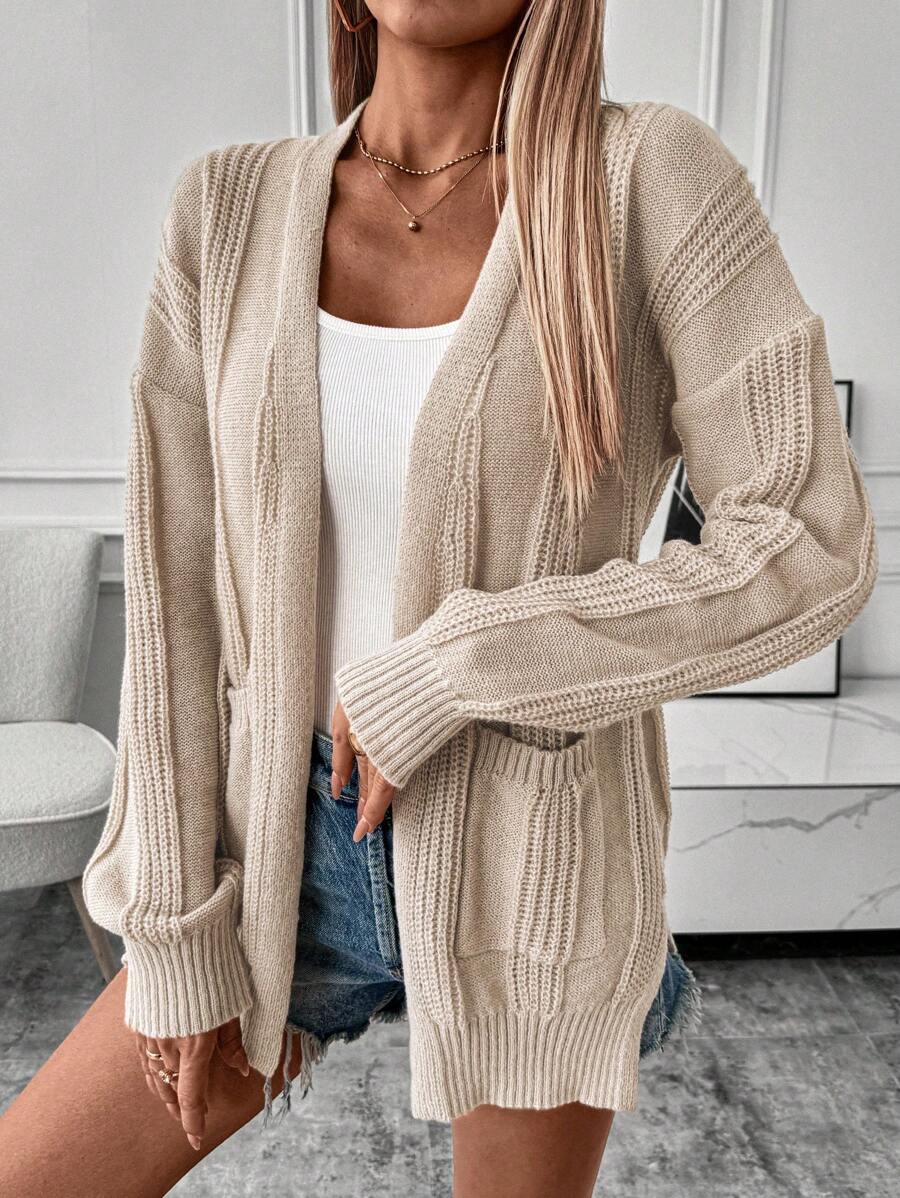 Chiquease 女式纯色落肩开衫，带双口袋，春秋季 - 卡其色 - 查看 1