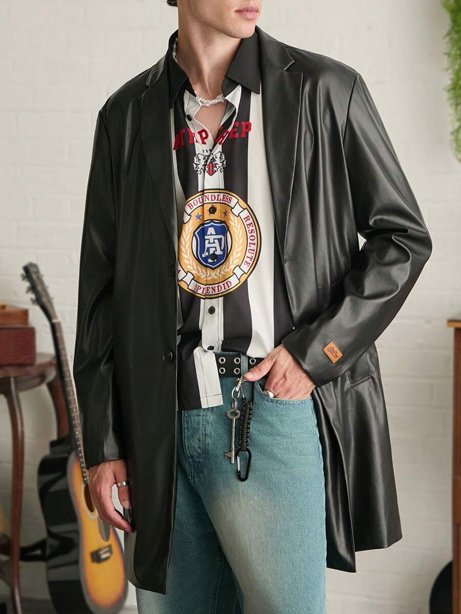 Manfinity VCAY Men's Loose PU Leather Long Sleeve Trench Coat, For Fall Winter - Black - View 1