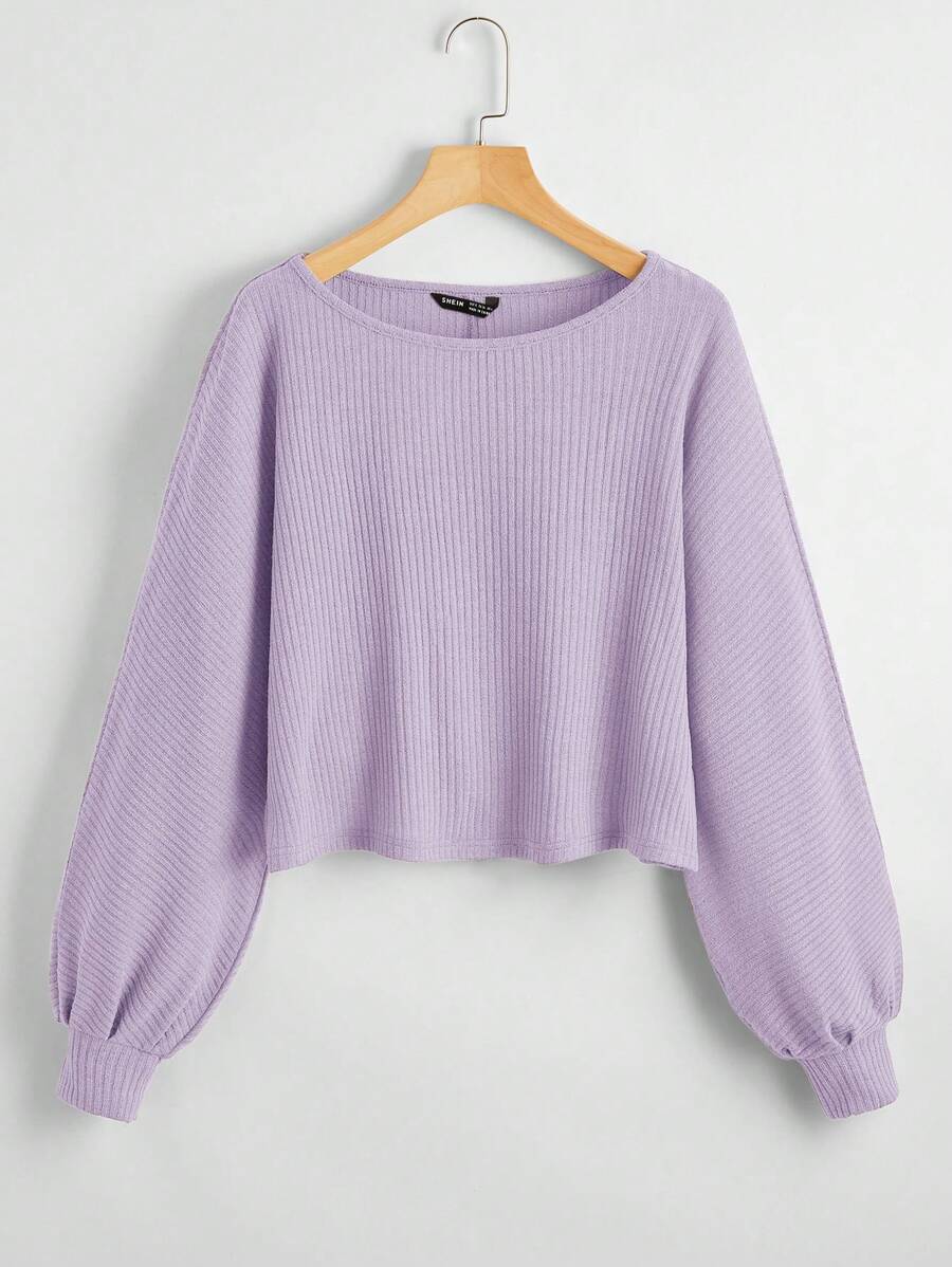 SHEIN Leap Crew Tween Girl Ribbed Loose Retro Cropped Long Sleeve T-Shirt - Mauve Purple - View 1