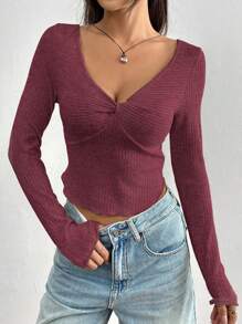 SHEIN Unity Women's Solid Color Long Sleeve Twist Front Fitted T-Shirt, Spring And Autumn - Redwood - View 4