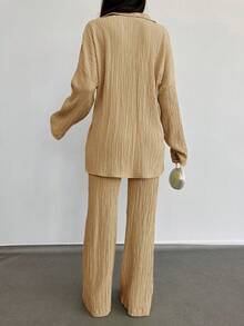 SHEIN Cottnline 2件/套純色單排扣t卹長褲套裝 - 米色 - 查看 2