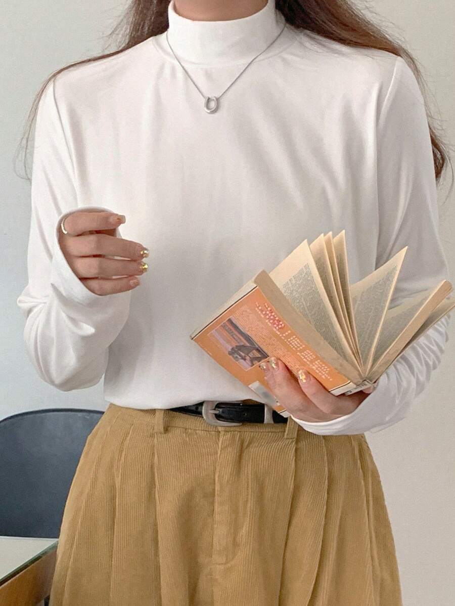 DAZY Women's Turtleneck Long Sleeve Solid Color Base Layer T-Shirt,Fall Clothes - White - View 1