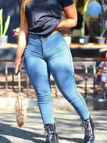 大码女式高腰口袋紧身弹力牛仔裤，秋季休闲日常百搭风格