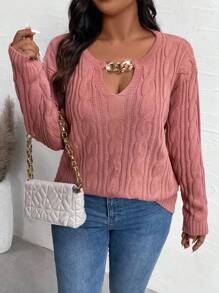 Calvaya Sweter damski w jednolitym kolorze, z łańcuszkiem i dekoltem w serek, w rozmiarze plus size, jesień/zima - Różowy - Zobacz 5