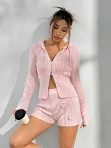 Flirla Conjunto de 2 piezas con cardigan con capucha y cordón y pantalones cortos informales - Rosa - Ver 1