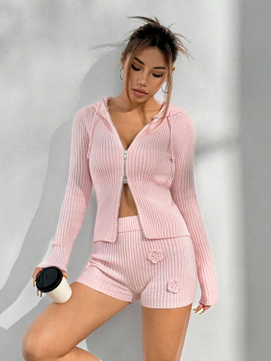 Flirla Set 2pcs/Set Kardigan Hoodie dan Celana Pendek Kasual dengan Tali Serut - Berwarna merah muda - View 1
