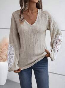 EMERY ROSE Women's Spring & Summer Contrast Lace Raglan Sleeve V-Neck Casual Loose T-Shirt Fall Cloth For Women