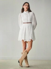 Enchnt Đầm dài tay đơn giản màu trơn hàng ngày cho nữ - trắng - Xem 3