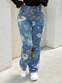 Y2K 90s Streetwear High Waist Printed Wide Leg Relaxed Fit Jeans, Comfortable Washed Denim Pants With Pockets, Suitable For Outdoor Activities Casual Vacation Spring - 藍色 - 查看 5