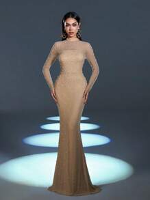 Faeriesty Pearl Embellished High Neck Fishtail Hem Formal Party Dress - Apricot - View 4