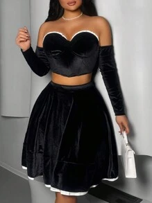 Zolique 2 piezas Conjunto de top corto sin mangas y falda con bloqueo de color, volantes y ribete de terciopelo