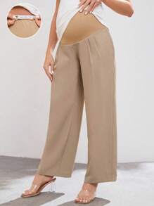 SHEIN 孕婦褶皺可調節腰圍直筒褲 - 卡其色 - 查看 1