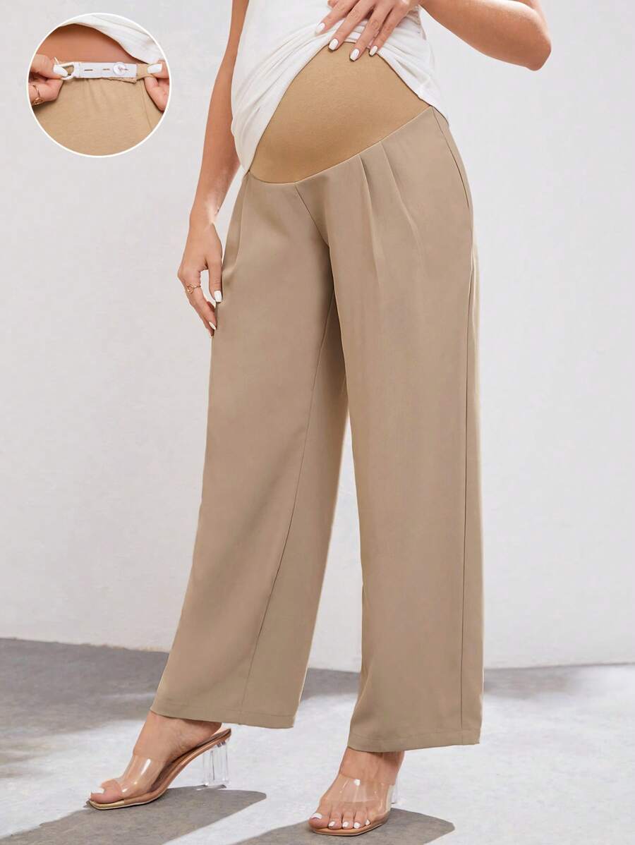 SHEIN 孕婦褶皺可調節腰圍直筒褲 - 卡其色 - 查看 1