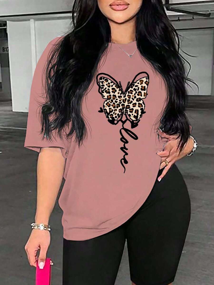 BamGleam 女士蝴蝶与英文字母印花短袖 T 恤图案 T 恤女士上衣 - 粉色 - 查看 1