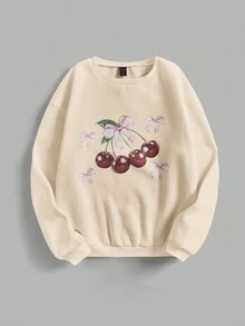 ROMWE Kawaii Women Crew Neck Bowknot Cherry Print Long Sleeve Casual Loose Sweatshirt - Apricot - View 1
