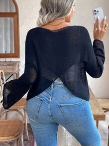 Calvaya Plus Size Women's Solid Color Loose Casual Pullover Sweater With Back Wrap Knit Pullover Fall Winter - Black - View 3