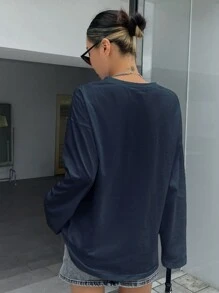 DAZY Áo thun dài tay trễ vai màu trơn, mùa xuân và thu - Màu xanh hải quân - Xem 2