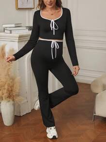 SHEIN 2pcs Maternity Front Tie Long Sleeve Crop Top And Pants Set, Spring Summer - Black - View 6