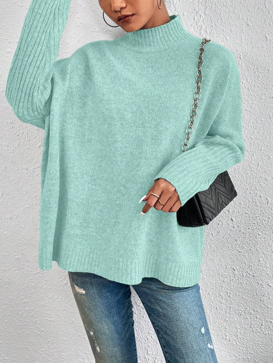 RueChic Women's Mock Neck Batwing Sleeve Sweater - Cadet Blue - View 1